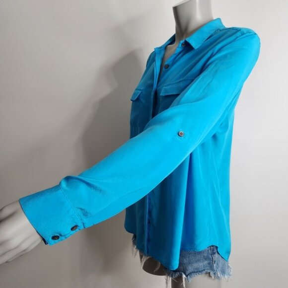 Ann Taylor Blue Silk Long Sleeve Button Down Roll Tab Blouse Size M - Picture 10 of 13